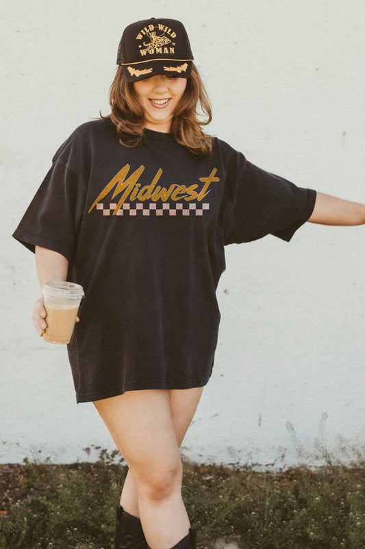WE THE BABES - Midwest Checkered Oversized Graphic Tee - Black